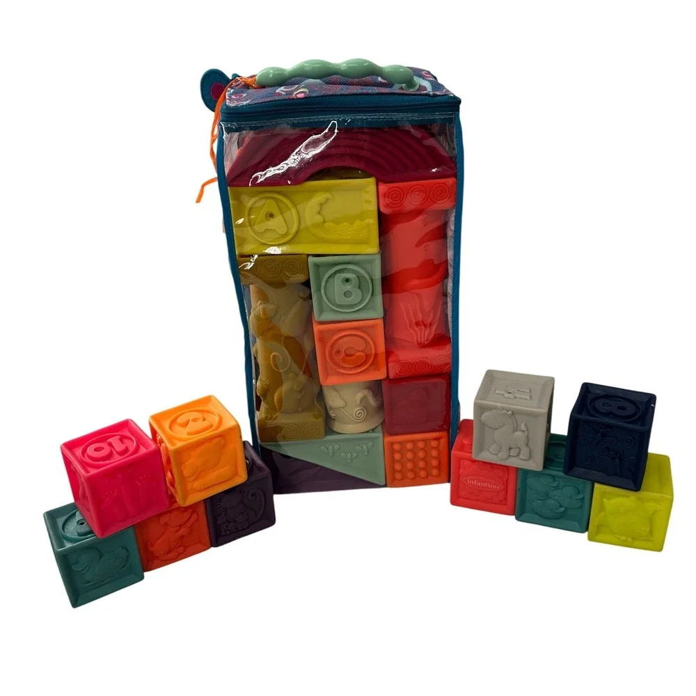 B Baby Soft Squeeze Blocks Building Toy Set Animals Letters Shapes Nursery Bag